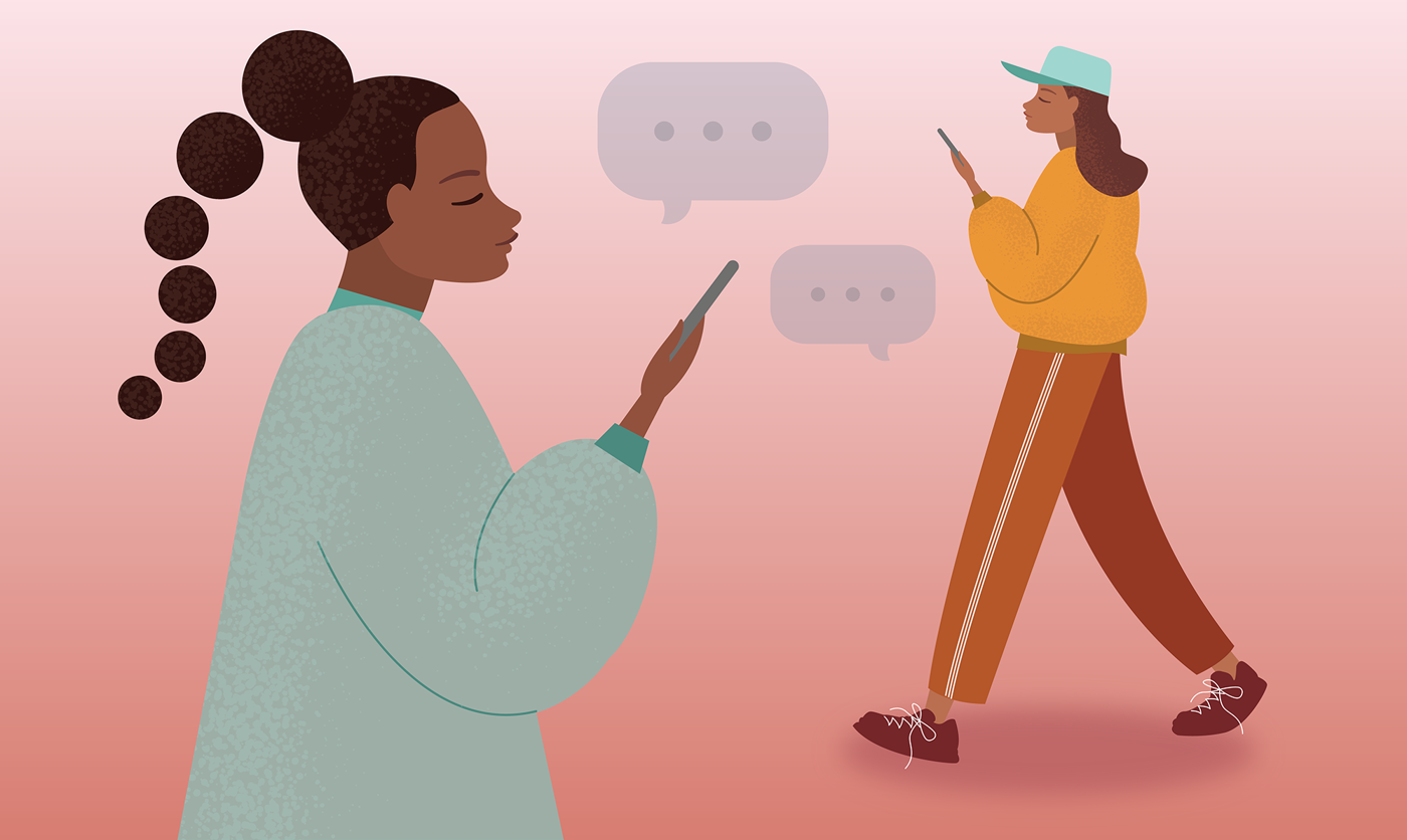 Illustration av två kvinnor som chattar med varandra.